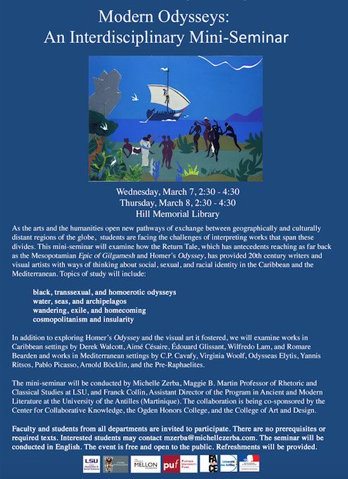 Flyer for "Modern Odyssers: An Interdisciplinary Mini-Seminar" by Dr. Michelle Zerba and Dr. Franck Collin (March 7-8, 2018)