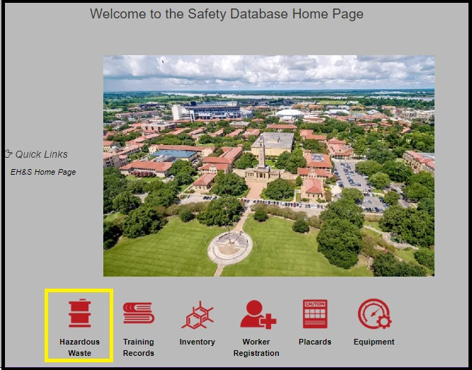 Home page in the EHSA with "Hazardous Waste" hightlighted.
