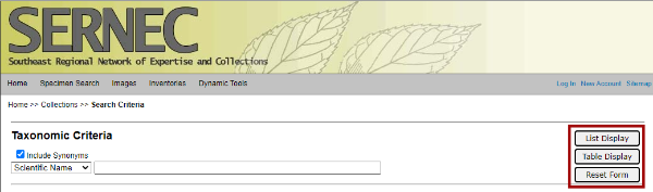 3. Search based on your criteria and click on the "table display" button. You my sort to explore specimen images and data.