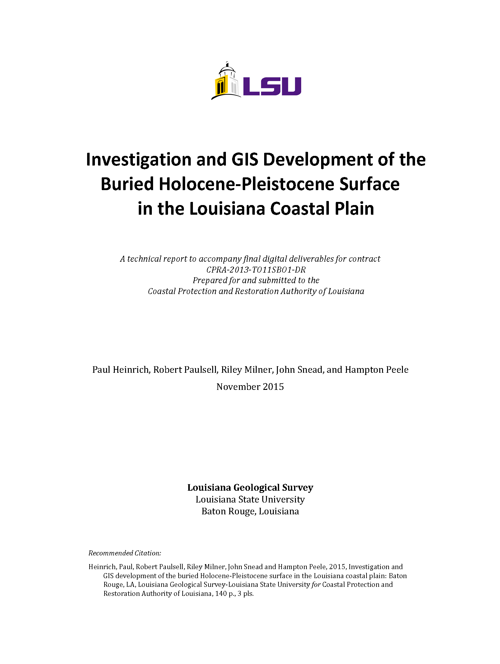 Investigation and GIS Development of the Buried Holocene-Pleistocene Surface in the Louisiana Coastal Plain, 2015